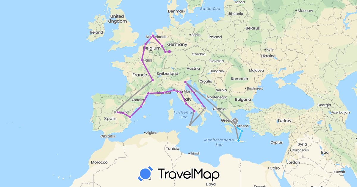 TravelMap itinerary: driving, plane, train, boat in Belgium, Germany, Spain, France, Greece, Italy, Netherlands (Europe)